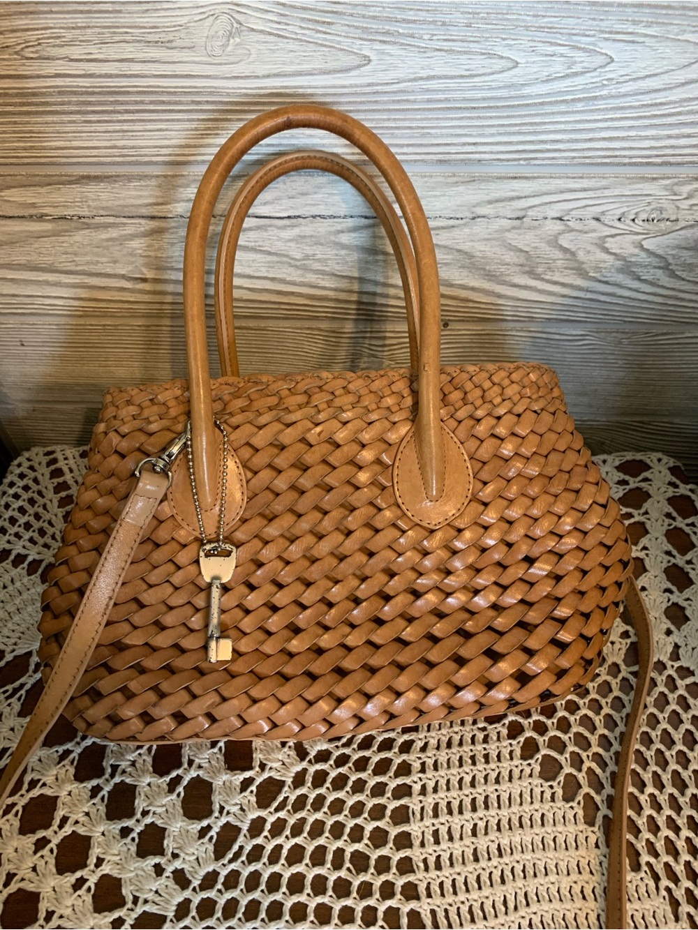 Fossil Woven Satchel in Light Tan Leather